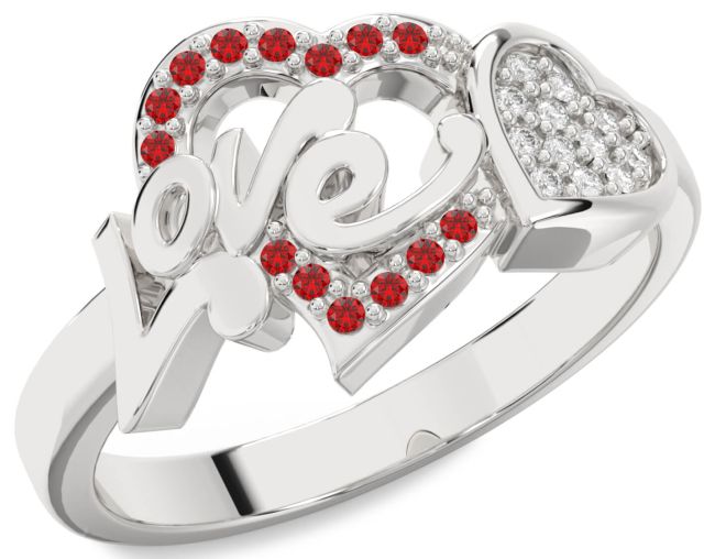 Diamond Ruby Silver Love Heart Ring