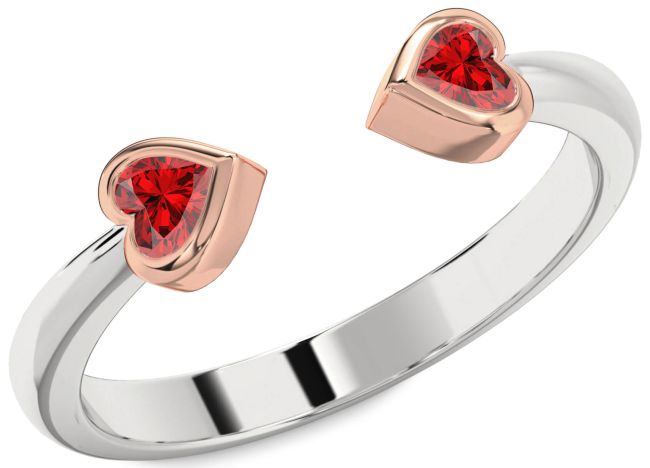 Ruby Rose Gold Silver Two Heart Birthstone Ring