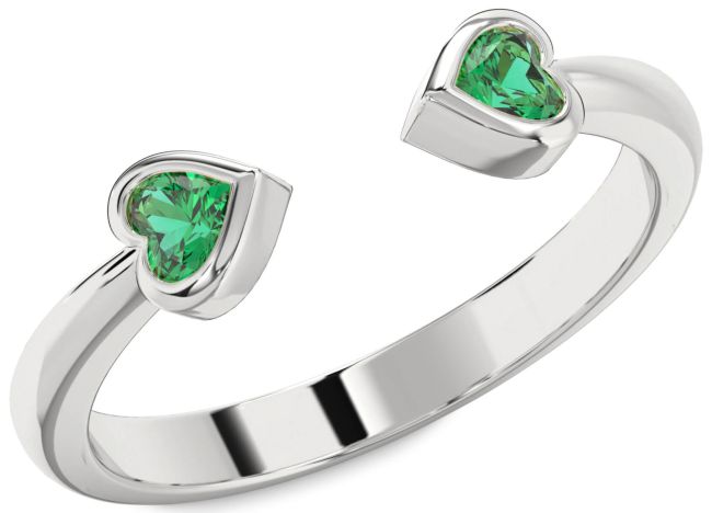Emerald Silver Two Heart Birthstone Ring