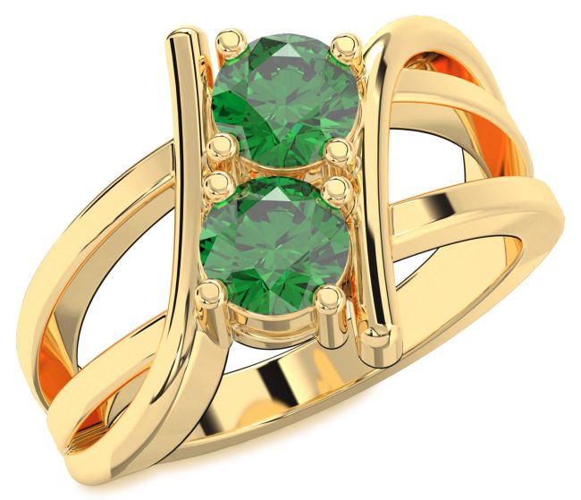 Emerald Gold Silver Round Two Stone Birthstone Ring
