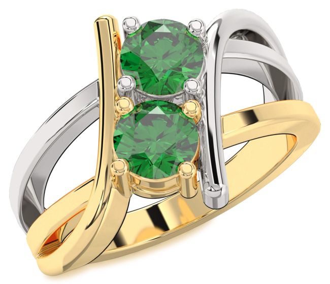 Emerald Gold Silver Round Two Stone Birthstone Ring