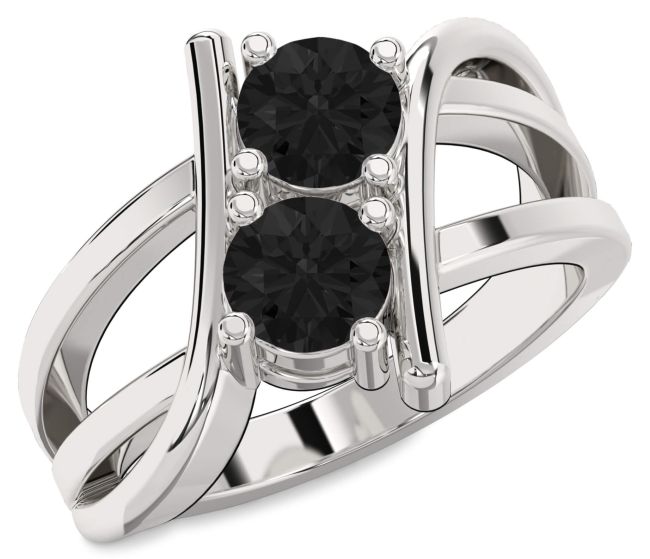 Black Diamond Silver Round Two Stone Ring