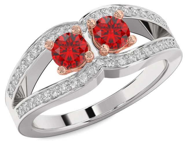 Diamond Ruby Rose Gold Silver Round Two Stone Birthstone Ring