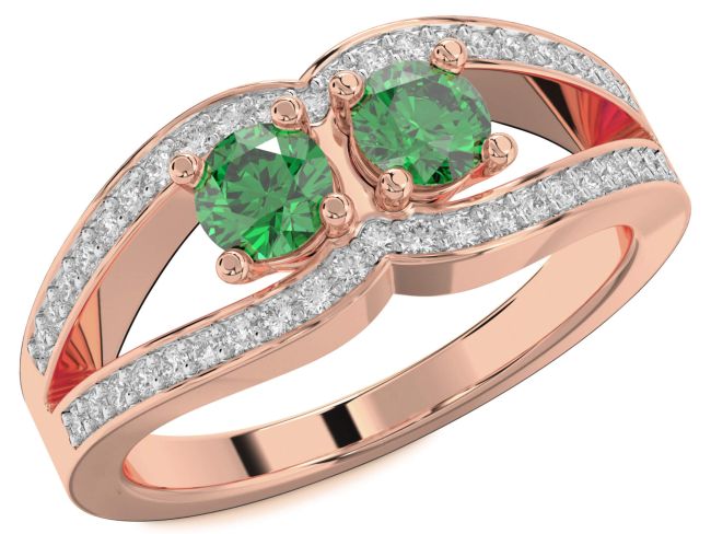 Diamond Emerald Rose Gold Round Two Stone Birthstone Ring