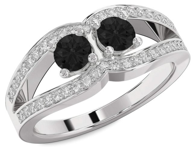 Black Diamond Silver Round Two Stone Ring
