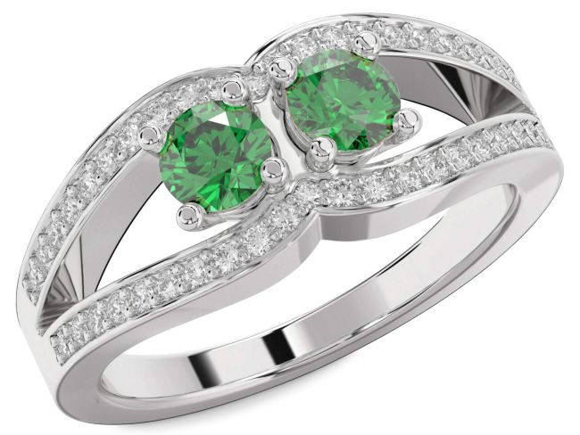 Diamond Emerald Silver Round Two Stone Birthstone Ring