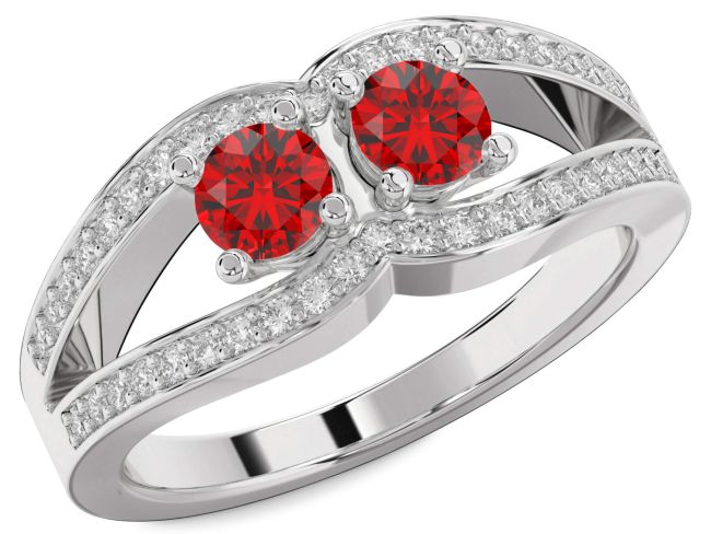 Diamond Ruby Silver Round Two Stone Birthstone Ring