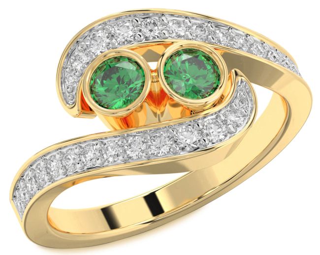 Diamond Emerald Gold Silver Round Two Stone Birthstone Ring