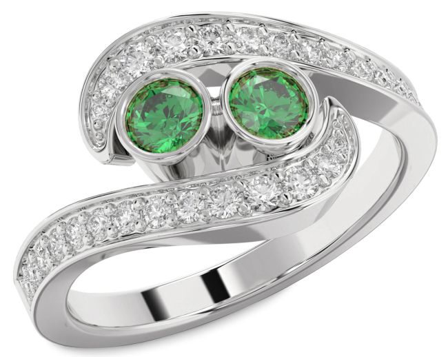 Diamond Emerald Silver Round Two Stone Birthstone Ring