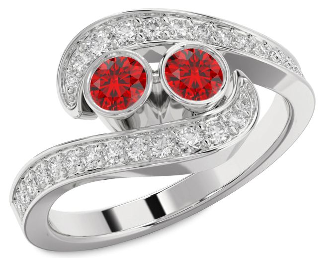 Diamond Ruby Platinum Round Two Stone Birthstone Ring