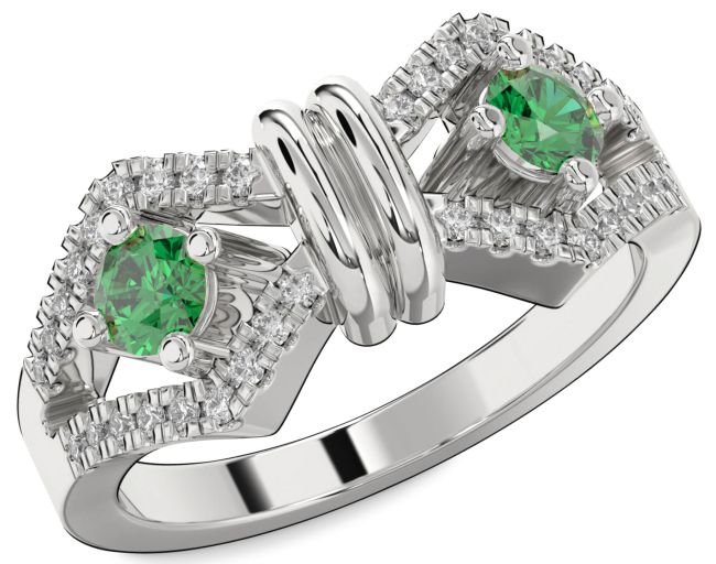 Diamond Emerald Silver Round Two Stone Birthstone Ring