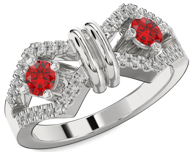 Diamond Ruby Silver Round Two Stone Birthstone Ring