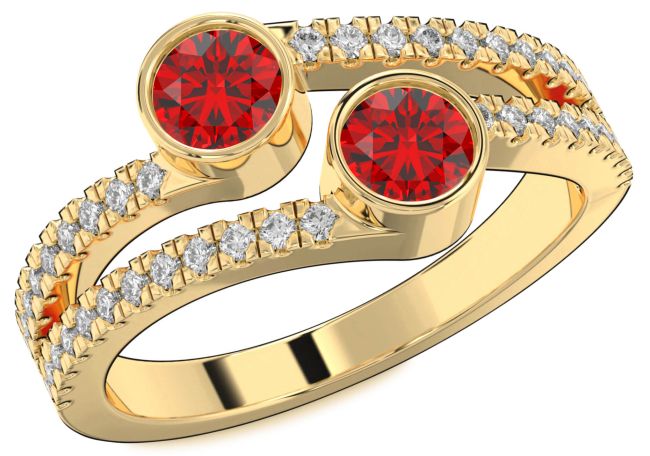 Diamond Ruby Gold Round Two Stone Birthstone Ring