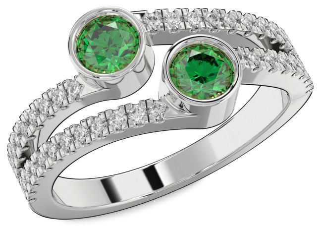 Diamond Emerald Platinum Round Two Stone Birthstone Ring