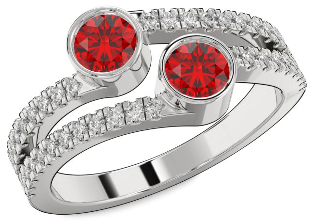 Diamond Ruby Platinum Round Two Stone Birthstone Ring
