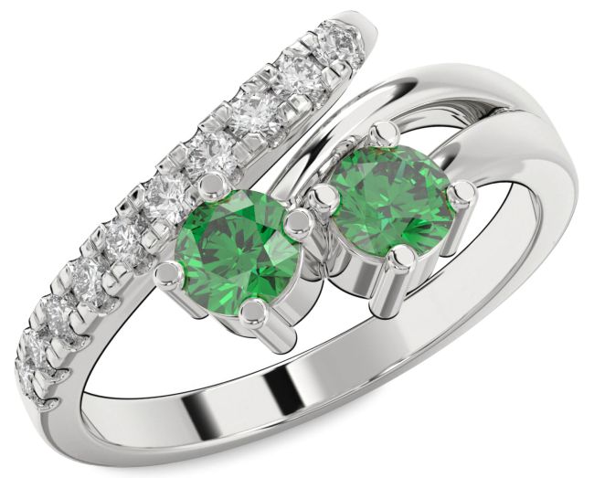 Diamond Emerald Silver Round Two Stone Birthstone Ring