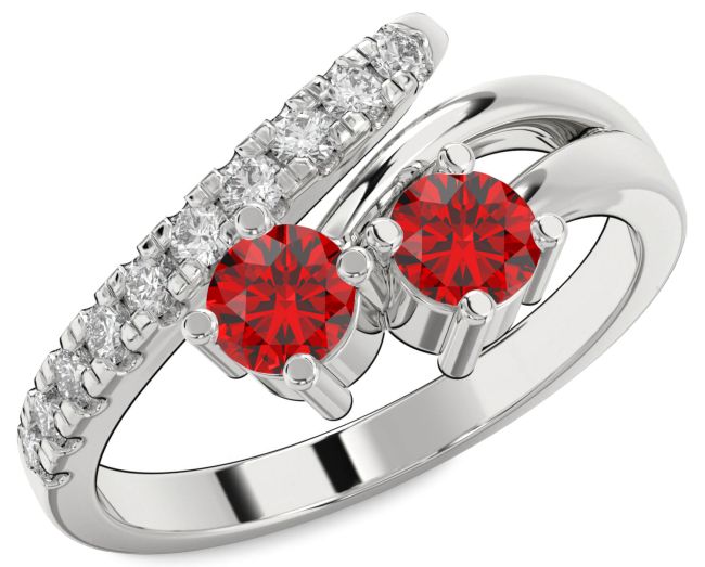 Diamond Ruby Silver Round Two Stone Birthstone Ring