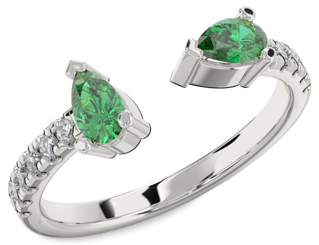 Diamond Emerald Silver Pear Two Stone Birthstone Ring