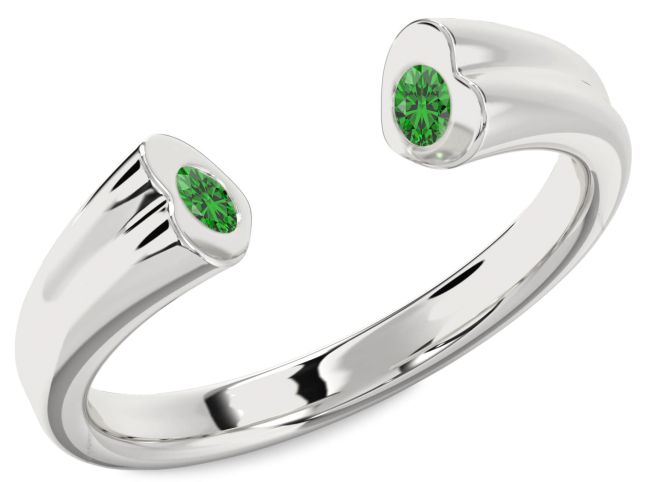 Emerald Silver Heart Two Stone Birthstone Ring