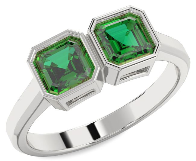 Emerald Silver Emerald Cut Two Stone Birthstone Ring