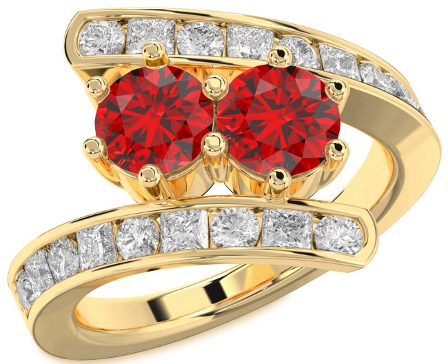 Diamond Ruby Gold Round Two Stone Birthstone Ring