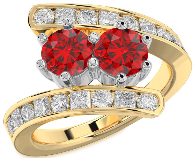 Diamond Ruby Gold Silver Round Two Stone Birthstone Ring