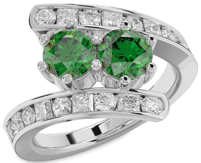 Diamond Emerald Silver Round Two Stone Birthstone Ring