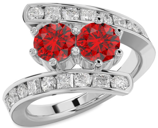 Diamond Ruby Silver Round Two Stone Birthstone Ring