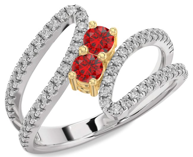 Diamond Ruby Gold Silver Round Two Stone Birthstone Ring