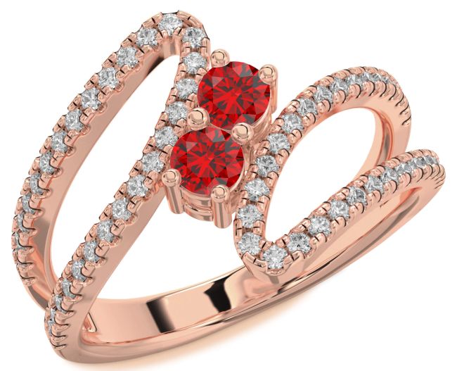 Diamond Ruby Rose Gold Silver Round Two Stone Birthstone Ring