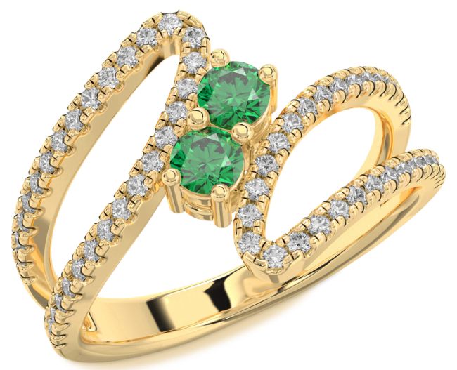 Diamond Emerald Gold Silver Round Two Stone Birthstone Ring
