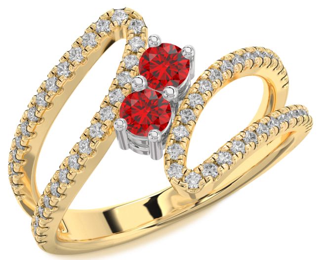 Diamond Ruby Gold Silver Round Two Stone Birthstone Ring