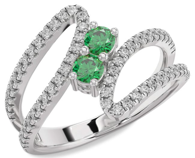 Diamond Emerald Silver Round Two Stone Birthstone Ring