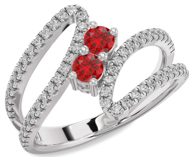 Diamond Ruby Silver Round Two Stone Birthstone Ring