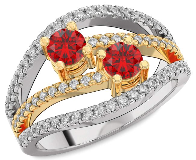Diamond Ruby Gold Silver Round Two Stone Birthstone Ring