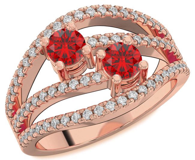 Diamond Ruby Rose Gold Silver Round Two Stone Birthstone Ring
