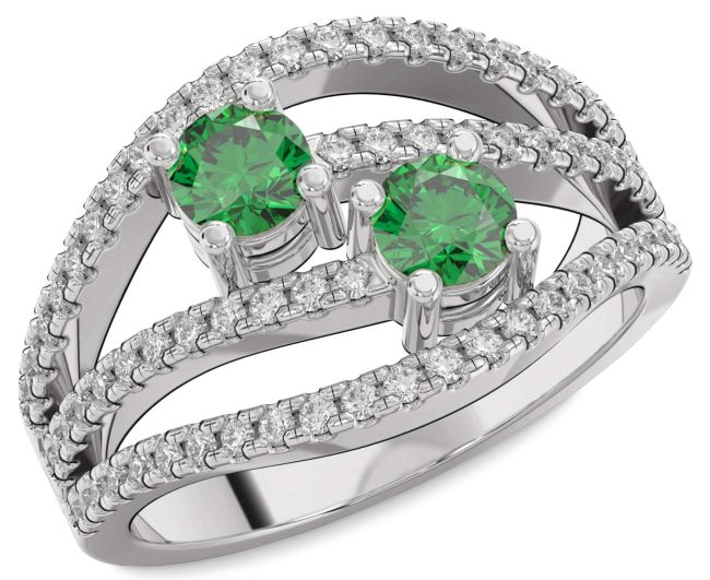 Diamond Emerald Platinum Round Two Stone Birthstone Ring