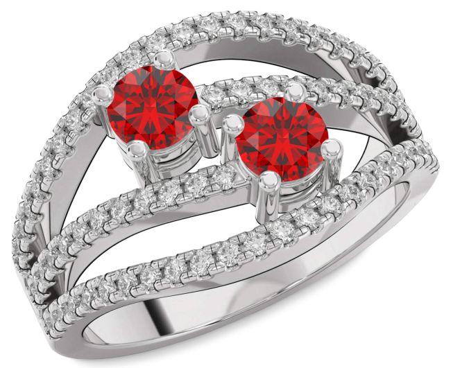 Diamond Ruby Silver Round Two Stone Birthstone Ring
