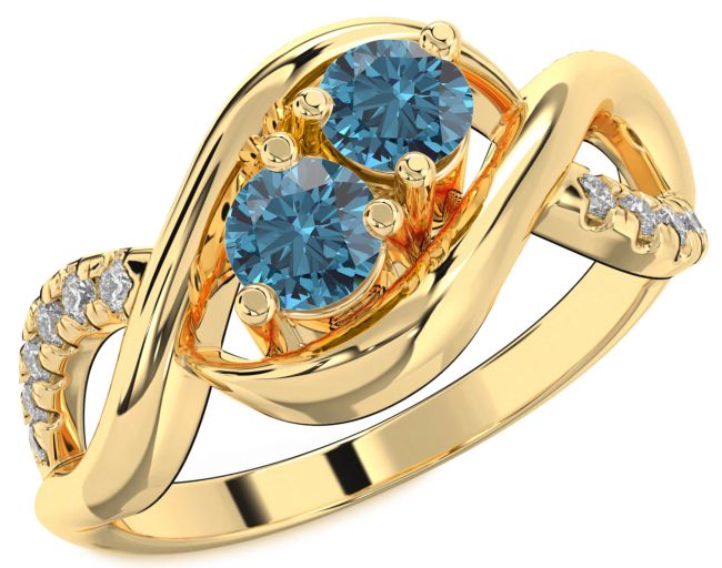 Blue Diamond Gold Silver Infinity Round Two Stone Ring