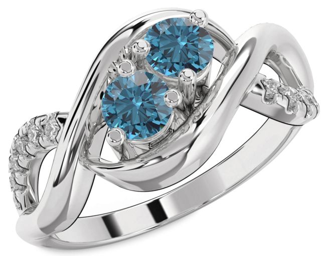 Blue Diamond Silver Infinity Round Two Stone Ring