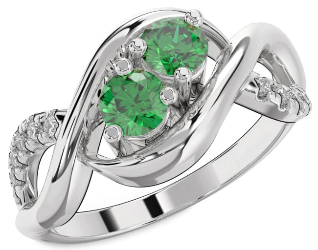Diamond Emerald Silver Infinity Round Two Stone Birthstone Ring