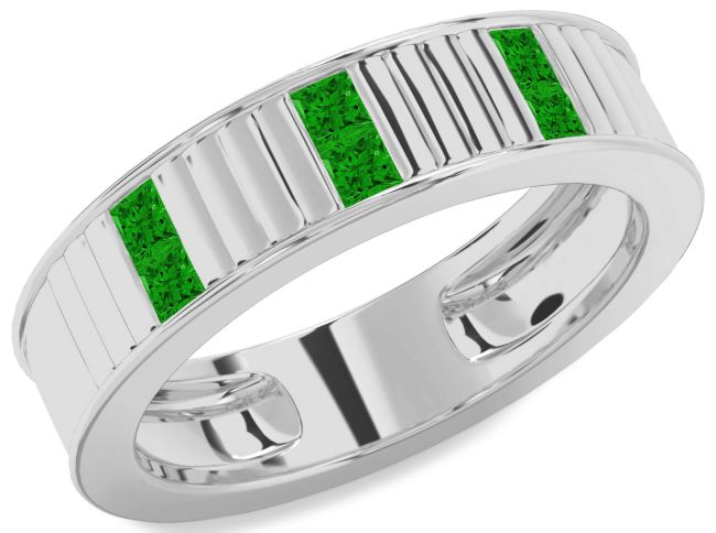 Men's Emerald Silver Wedding Band Ring