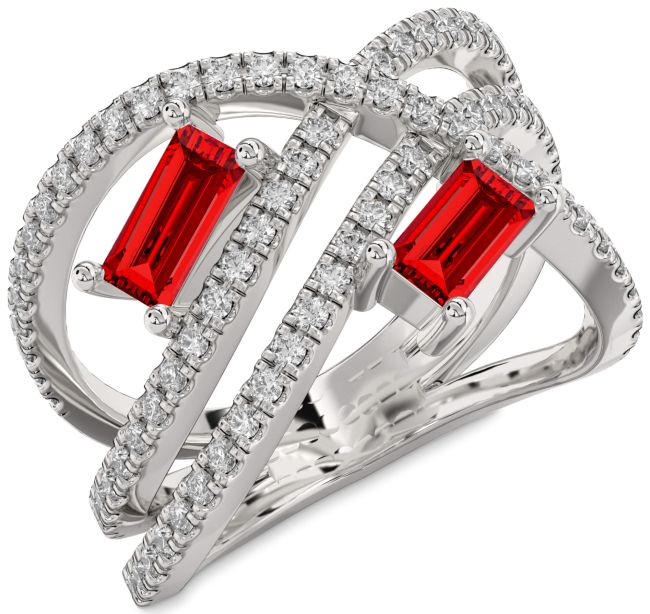Diamond Ruby Silver Baguette Two Stone Birthstone Ring