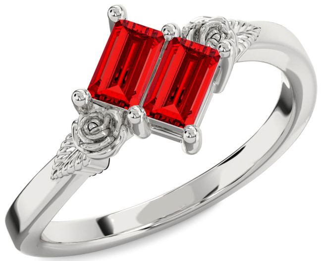 Ruby Silver Flower Baguette Two Stone Birthstone Ring