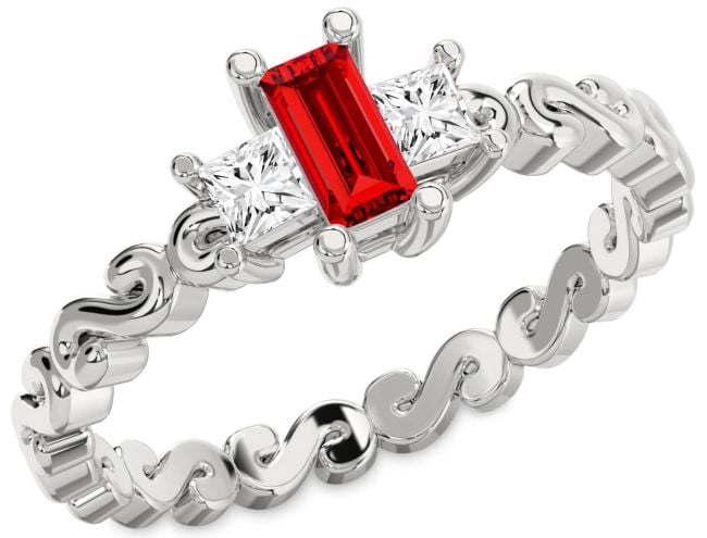Diamond Ruby Silver Infinity Baguette Three Stone Engagement Ring