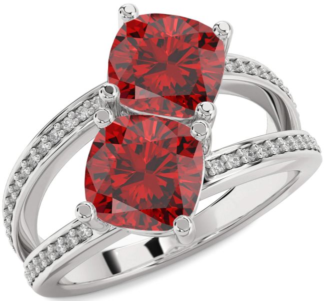 Diamond Ruby Platinum Cushion Two Stone Birthstone Ring