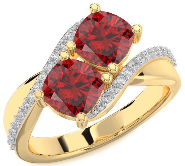 Diamond Ruby Gold Silver Cushion Two Stone Birthstone Ring