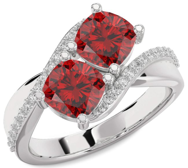 Diamond Ruby Platinum Cushion Two Stone Birthstone Ring