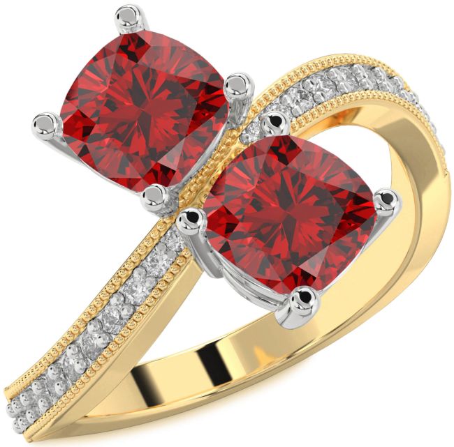 Diamond Ruby Gold Silver Cushion Two Stone Birthstone Ring