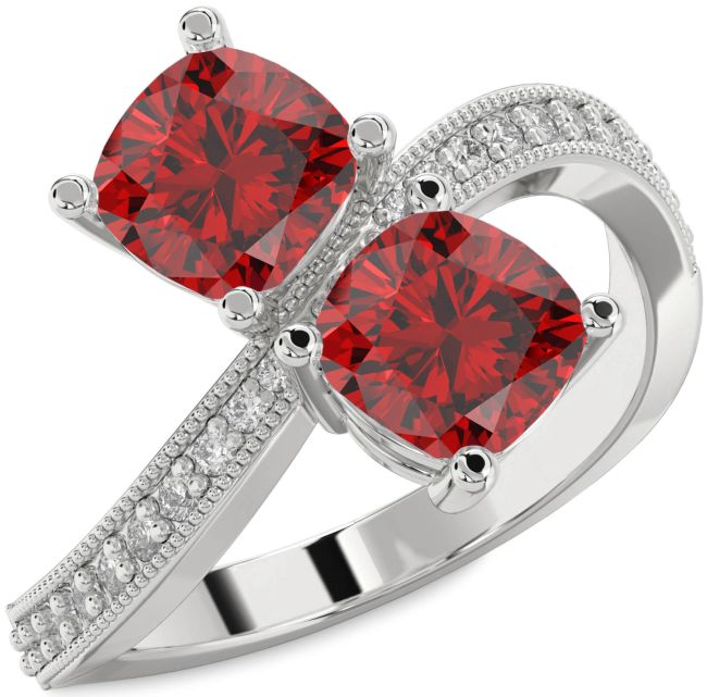 Diamond Ruby Silver Cushion Two Stone Birthstone Ring
